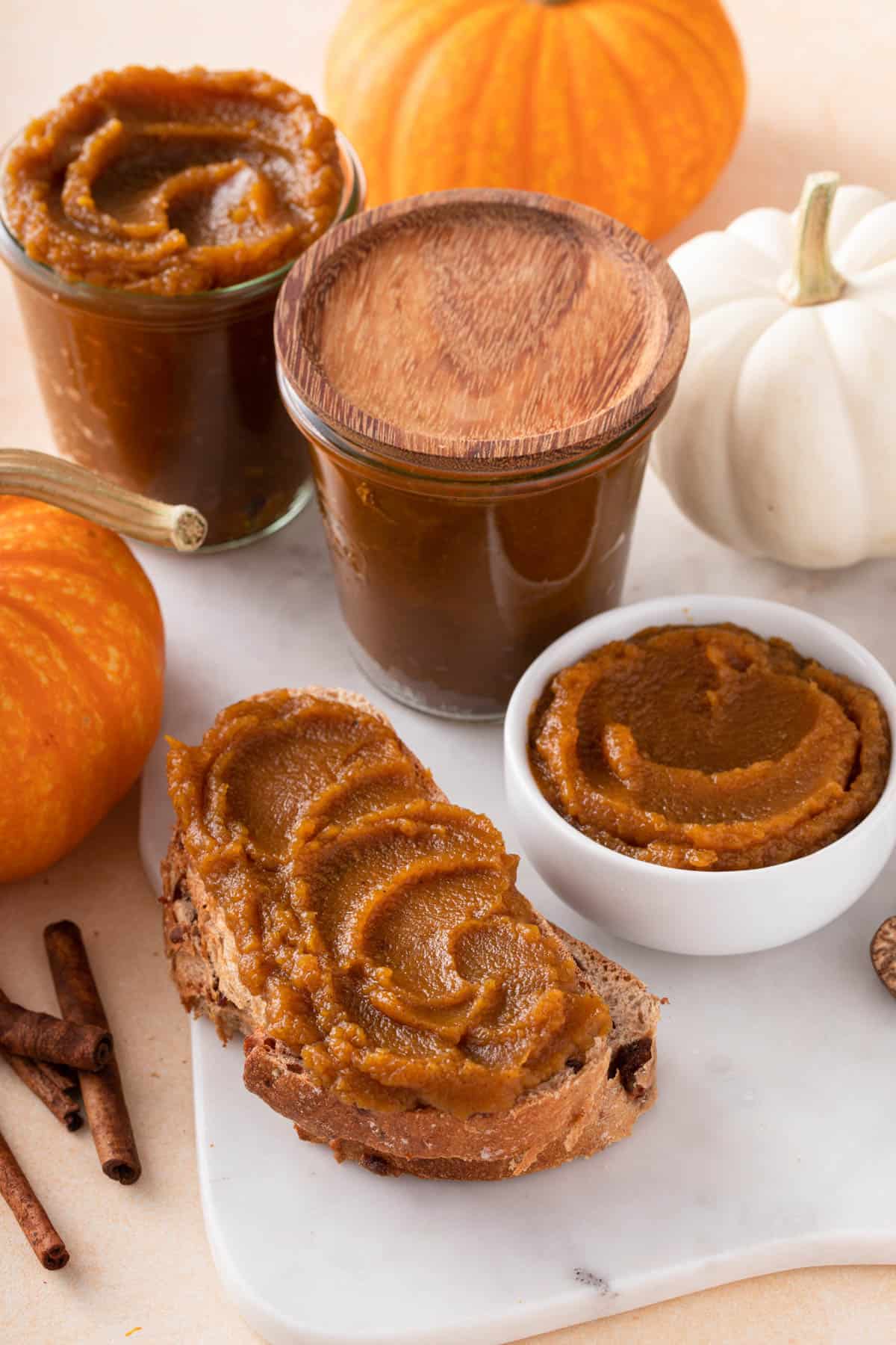 a piece of toast with pumpkin spread on top