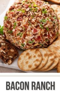 Platter of crackers and bacon ranch cheese ball. Text overlay includes recipe name.