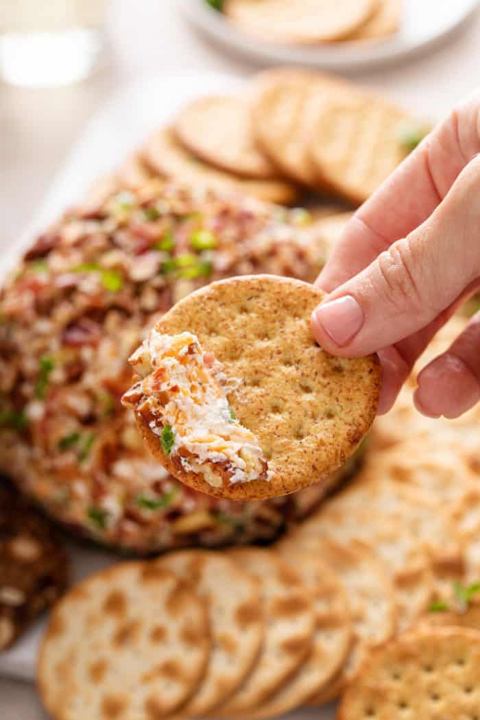 Hand holding up a cracker with a bite of bacon ranch cheese ball on it.