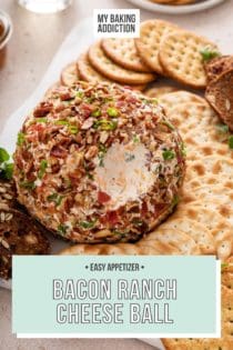 Bacon ranch cheese ball surrounded by crackers on a white platter. A bite has been taken from the side of the cheese ball. Text overlay includes recipe name.