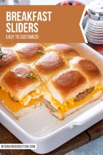 Pan of breakfast sliders with the corner slider taken out. Text overlay includes recipe name.