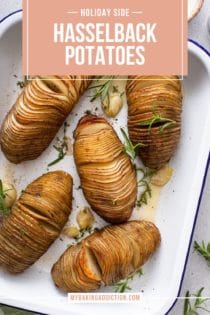 Overhead view of hasselback potatoes garnished with fresh herbs in a white baking dish. Text overlay includes recipe name.