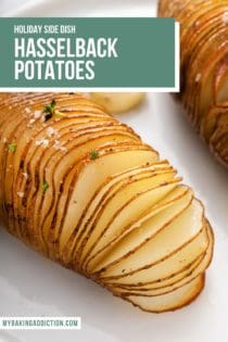 Hasselback potato on a white plate, with the slices fanned apart to show the interior of the potato. Text overlay includes recipe name.