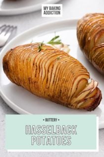 Two roasted hasselback potatoes on a white plate. Text overlay includes recipe name.