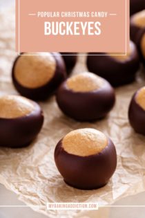 Several buckeyes arranged on a piece of parchment paper. A bite has been taken out of one of the candies. Text overlay includes recipe name.