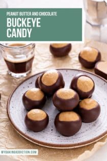 Seven buckeyes on a gray plate, set next to a glass of espresso on a piece of parchment paper. Text overlay includes recipe name.