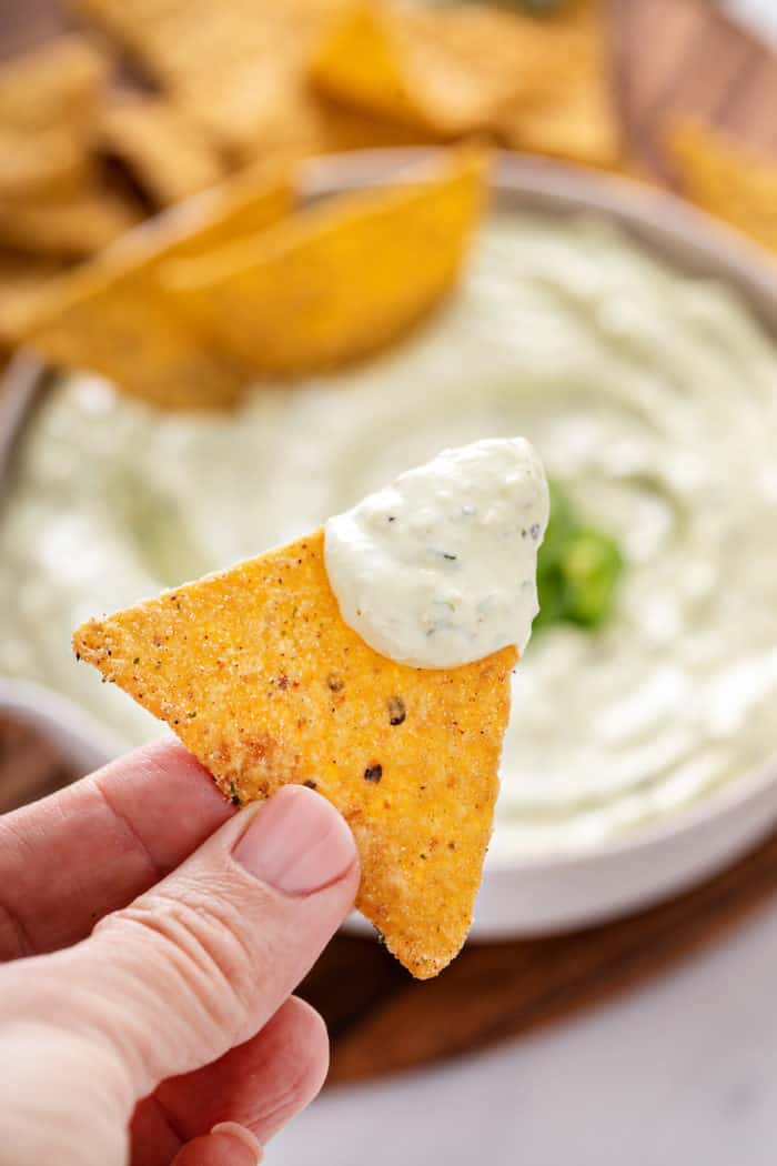 Jalapeño dip on a tortilla chip. The bowl of dip is in the background.