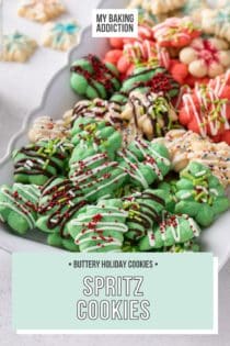 White platter filled with christmas-themed spritz cookies. Text overlay includes recipe name.