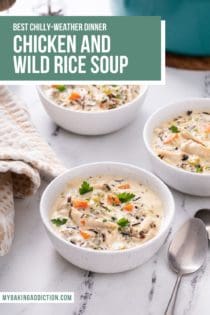 Three bowls of chicken and wild rice soup set next to a blue dutch oven on a marble countertop. Text overlay includes recipe name.