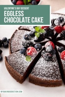 Sliced eggless chocolate cake, dusted with powdered sugar and topped with fresh berries. Text overlay includes recipe name.