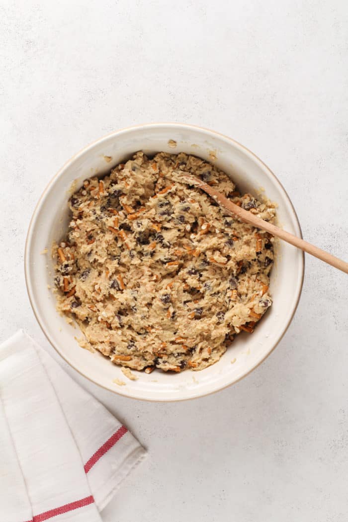 Kitchen sink cookie dough in a ceramic mixing bowl.