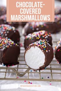 Several chocolate-covered marshmallows topped with rainbow sprinkles on a wire rack. A marshmallow in front has been cut in half to show the center. Text overlay includes recipe name.