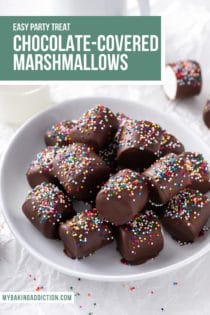 Chocolate-covered marshmallows decorated with rainbow sprinkles on a white plate. Text overlay includes recipe name.