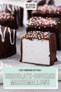 Homemade chococlate-covered marshmallows set on a marble board. One of the marshmallows has been cut in half. Text overlay includes recipe name.