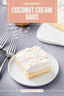 Coconut cream bar on a white plate. More bars are visible in the background. Text overlay includes recipe name.