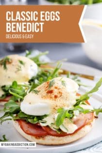 Eggs benedict with canadian bacon and arugula on a white plate. Text overlay includes recipe name.