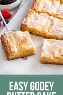 Sliced gooey butter cake dusted with powdered sugar. Text overlay includes recipe name.