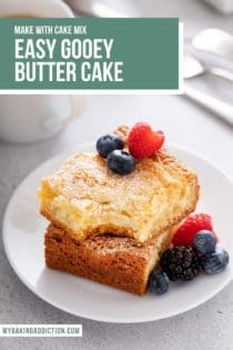 Two pieces of stacked gooey butter cake with a bite taken from the top slice. Text overlay includes recipe name.