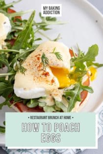 Poached egg on eggs benedict. The egg has been cut to allow the yolk to run out. Text overlay includes tutorial name.