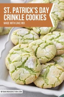 White platter filled with st. patrick's day crinkle cookies. Text overlay includes recipe name.