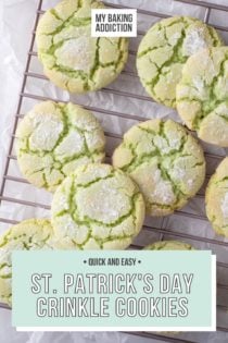 Overhead view of st. patrick's day crinkle cookies cooling on a wire rack. Text overlay includes recipe name.