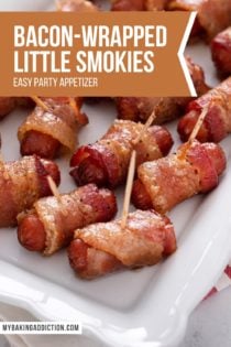 Bacon-wrapped little smokies arranged on a white platter. Text overlay includes recipe name.