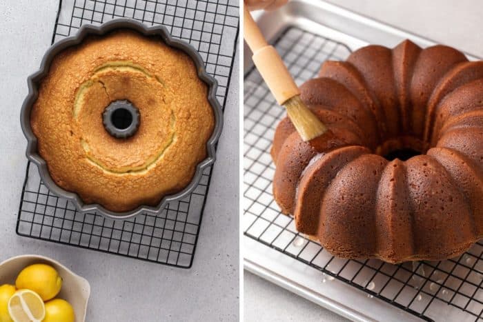 Side-by-side images of baked lemon cream cheese pound cake. The image on the left is of the freshly baked cake still in the bundt pan. The image on the right is of the unmolded cake being brushed with lemon simple syrup.