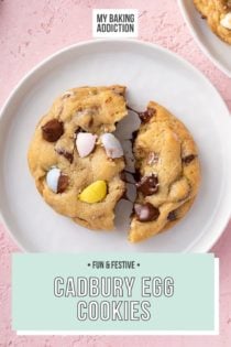 Cadbury egg cookie broken in half on a white plate, showing the melty chocolate chips in the center. Text overlay includes recipe name.