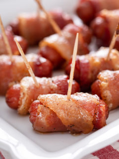 Platter of bacon-wrapped little smokies.
