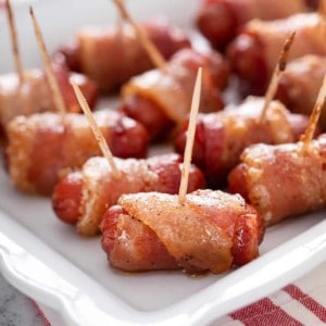 Platter of bacon-wrapped little smokies.