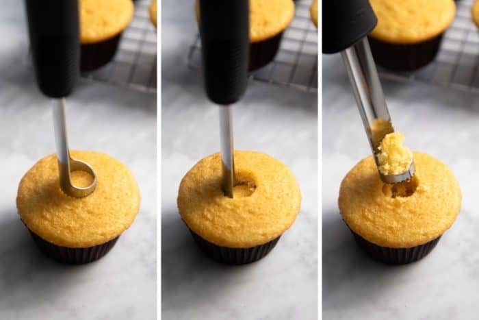 Three images showing how to insert an apple corer into a cupcake to hollow out the cupcake.