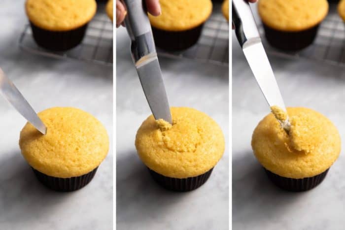 Three images showing how to remove the center of a cupcake with a paring knife.