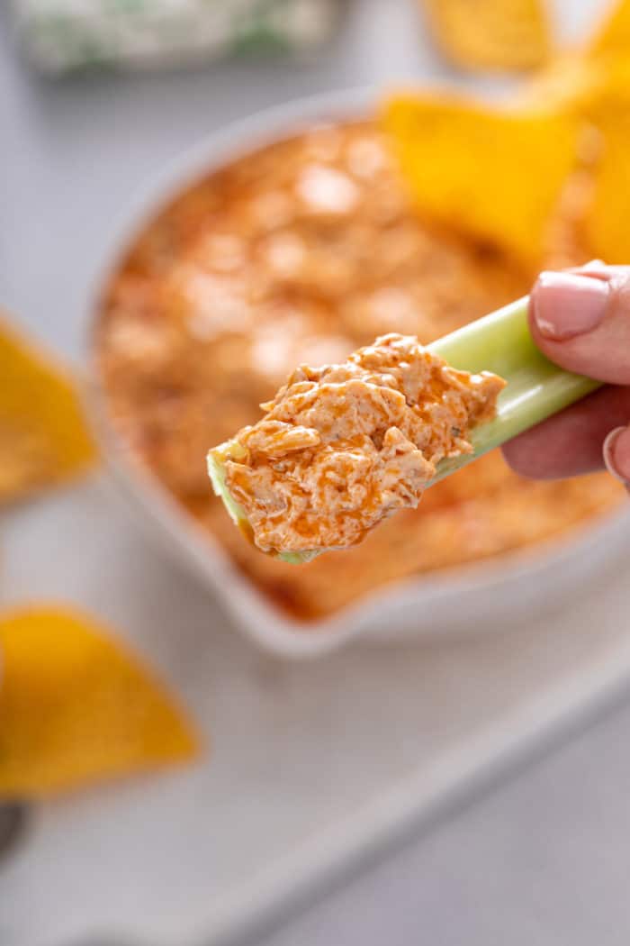 Hand holding up a celery stick with slow cooker buffalo chicken dip on it.