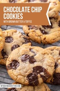 Chocolate chip cookies with brown butter and toffee arranged on a wire cooling rack. Text overlay includes recipe name.