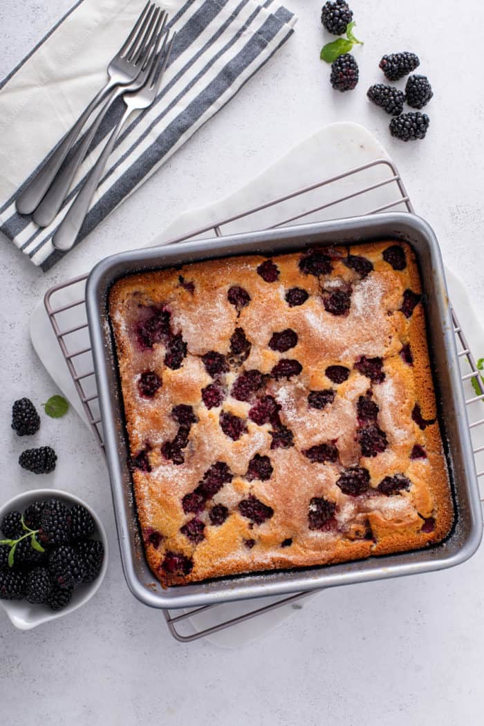 Baked pan of easy blackberry cobbler on a wire cooling rack.