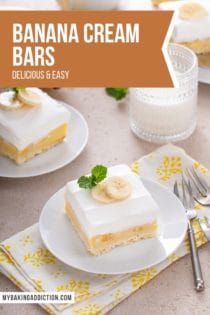Multiple white plates, each with a banana cream bar on them. A glass of milk and a bunch of bananas are also visible in the shot. Text overlay includes recipe name.