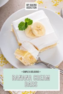 Fork cutting a bite off of a banana cream bar on a white plate. Text overlay includes recipe name.