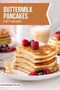 Stack of buttermilk pancakes with a large bite cut from one of the edges. Text overlay includes recipe name.