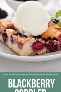 Plated slice of easy blackberry cobbler topped with a scoop of vanilla ice cream. text overlay includes recipe name.
