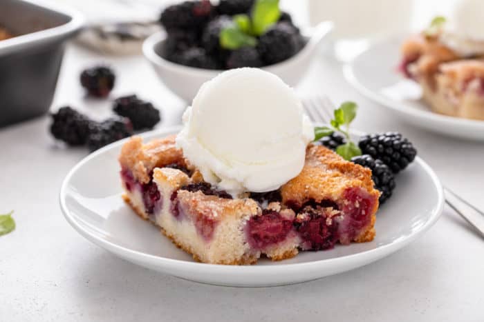 Plated slice of easy blackberry cobbler topped with a scoop of vanilla ice cream.