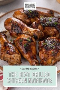 Close up of grilled chicken pieces on a stoneware plate. Text overlay includes recipe name.
