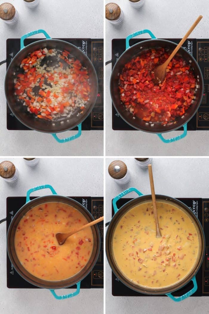 Four photos showing how the sauce for chicken spaghetti casserole is made.