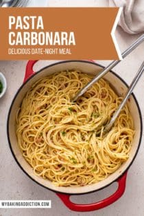 Overhead view of tongs stirring a pot of pasta carbonara in a red dutch oven. Text overlay includes recipe name.