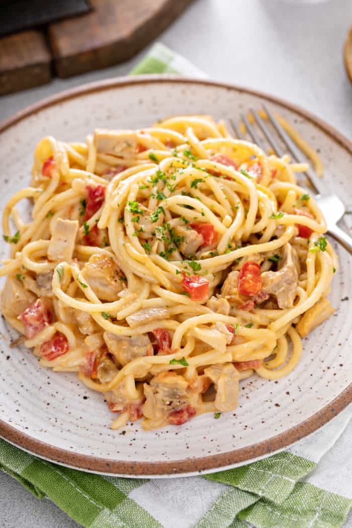 Serving of chicken spaghetti casserole on a ceramic plate.