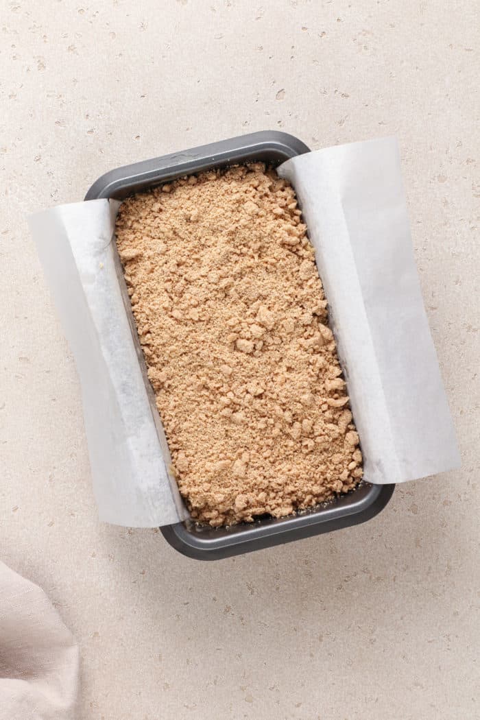 Unbaked banana nut bread in a loaf pan, ready to go in the oven.