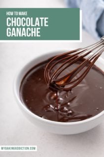 Chocolate ganache being whisked in a small white bowl. Text overlay includes recipe name.