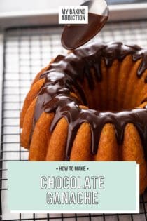 Chocolate ganache being spooned over a bundt cake. Text overlay includes recipe name.