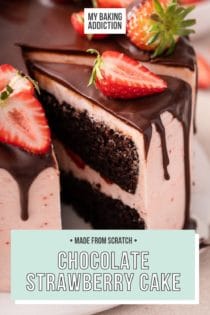 Cake server lifting a slice of chocolate strawberry cake off of a cake plate. Text overlay includes recipe name.