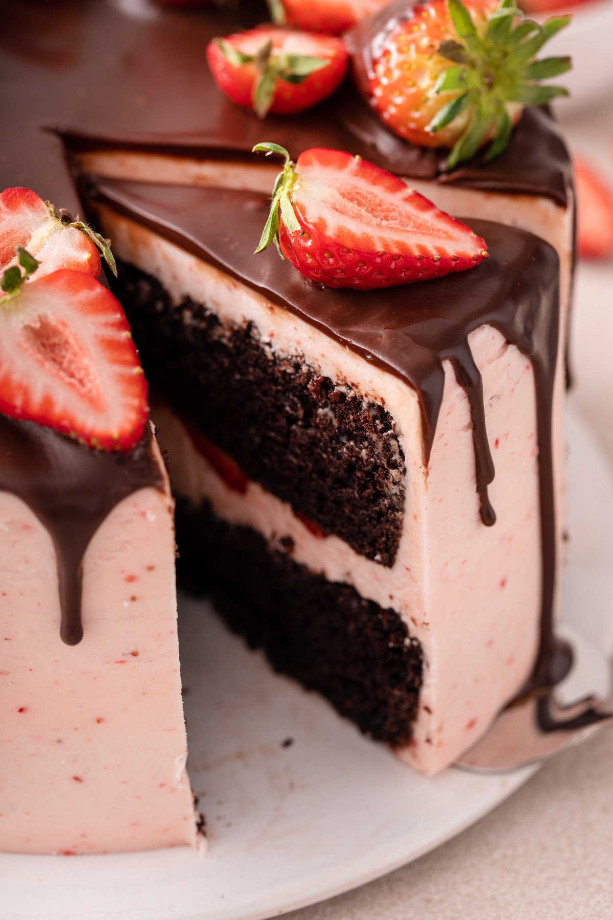 Cake server lifting a slice of chocolate strawberry cake off of a cake plate.