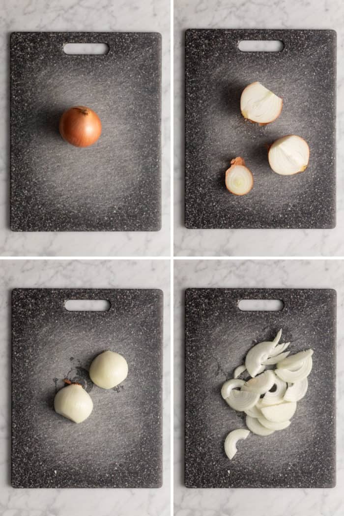 Four images showing how to cut an onion in half and cut it into half moon slices for caramelizing.